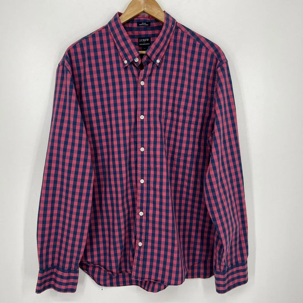 J.Crew Performance Slim Untucked Shirt Mens XL Pink Navy Blue Gingham Check